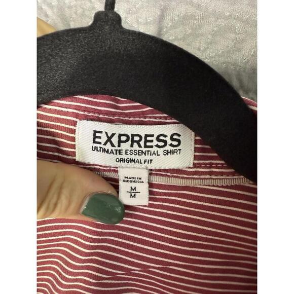 Express Women's Shirt Button Up Red White Striped V-Neck Stretch Classic Top M - Picture 6 of 9